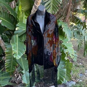 Velvet burnout, silk art, deco, shawl, or scarf with fringe